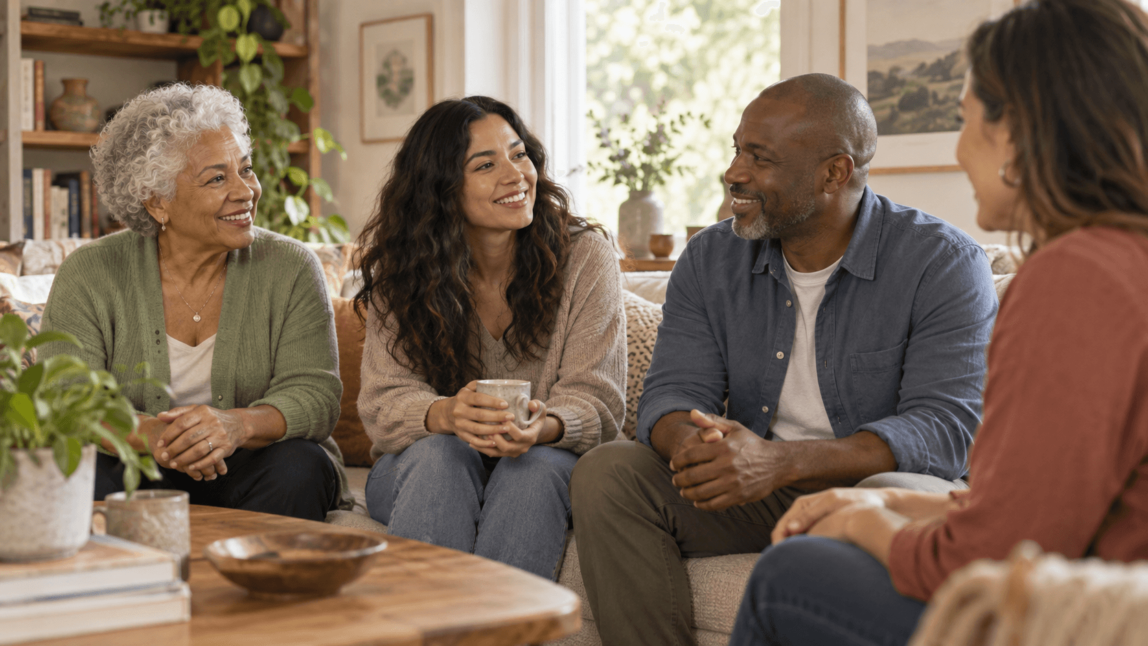 A welcoming community group sharing conversation in a comfortable living room